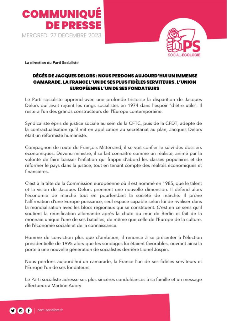 Décès de Jacques Delors 27 12 2023